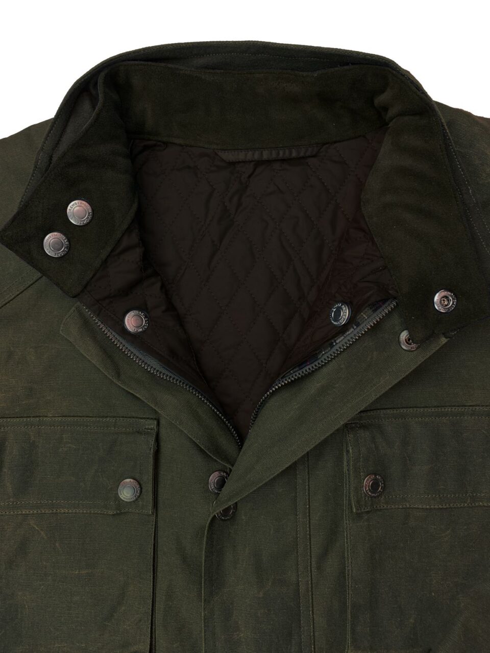 Michael Andrews Bespoke Trailmaster Jacket, detailed view showcasing the collar and quilted lining with buttons