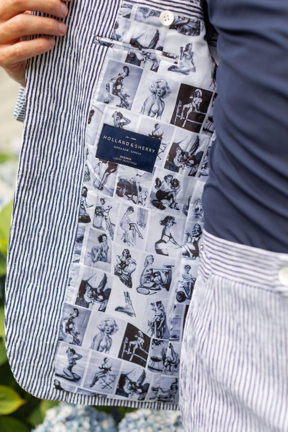 (product) Irregular Stripe Seersucker Suit, close-up of jacket lining featuring a unique patterned interior