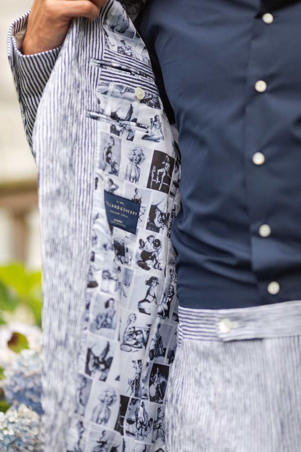 (product) Irregular Stripe Seersucker Suit, interior view showcasing its unique pattern and fabric detail