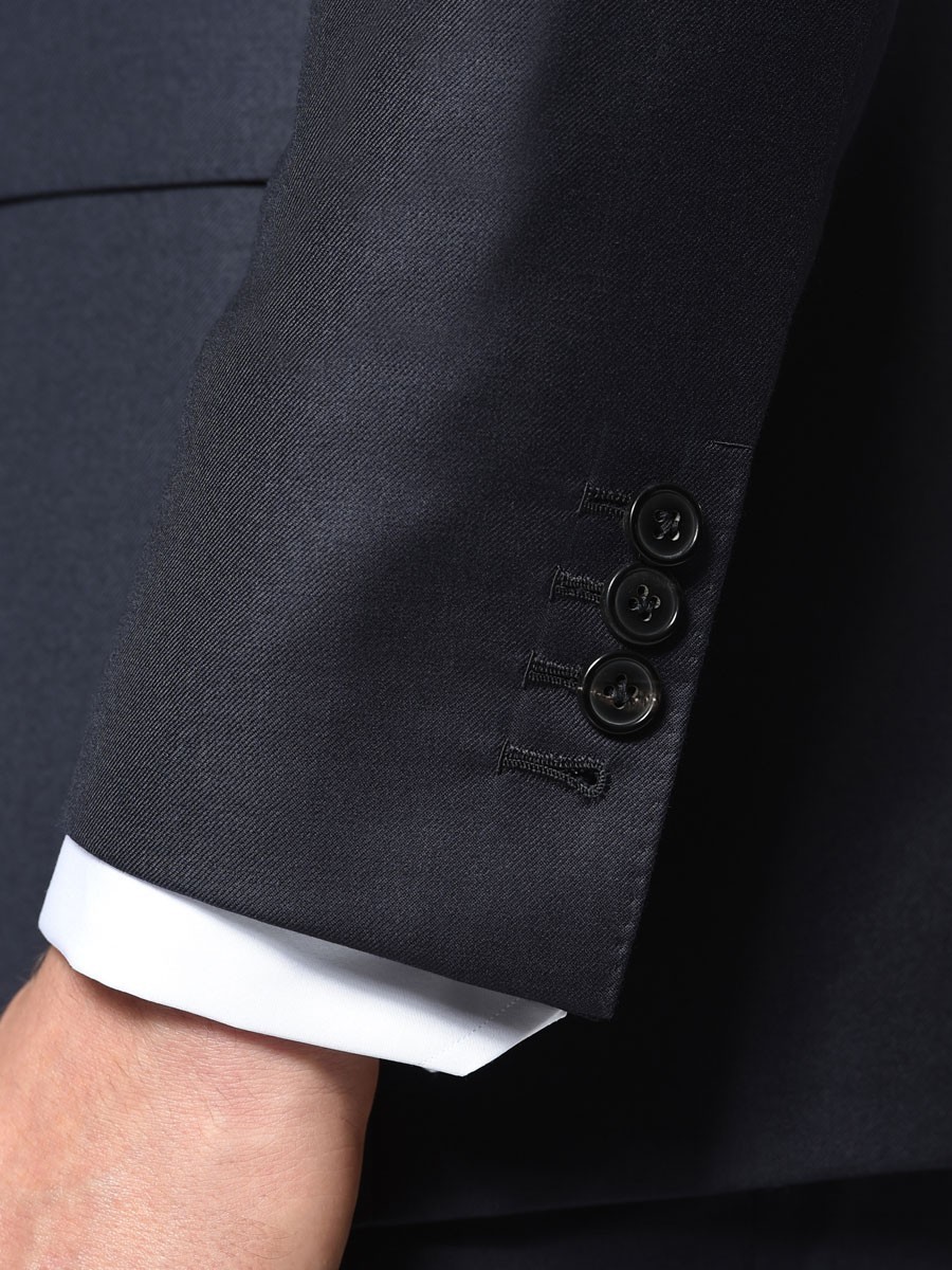 (product) Navy Blue Solid Bespoke Suit, cuff detail