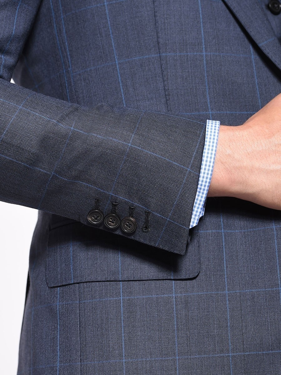 (product) Marine Blue Windowpane Bespoke Suit, cuff detail