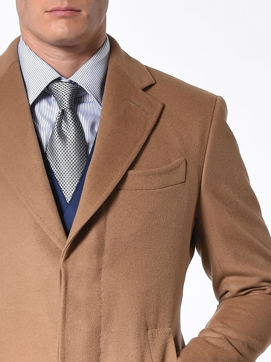 (product) Pure Camelhair Classic Topcoat, styled with a patterned tie and scarf