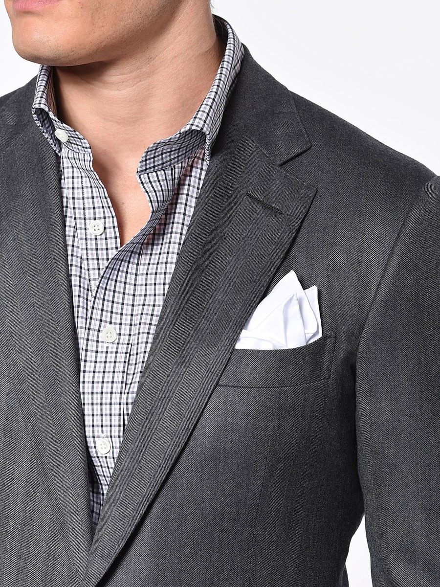 (product) Grey Herringbone Classic Bespoke Sport Coat, lapel detail