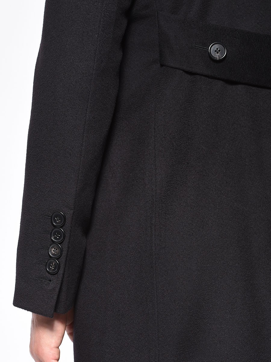 (product) Black Pure Cashmere DB Overcoat, cuff detail with button accents