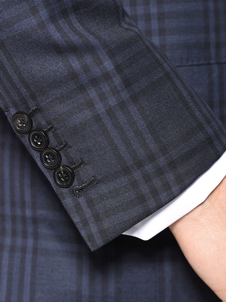 (product) Navy Plaid Bespoke Suit, cuff detail