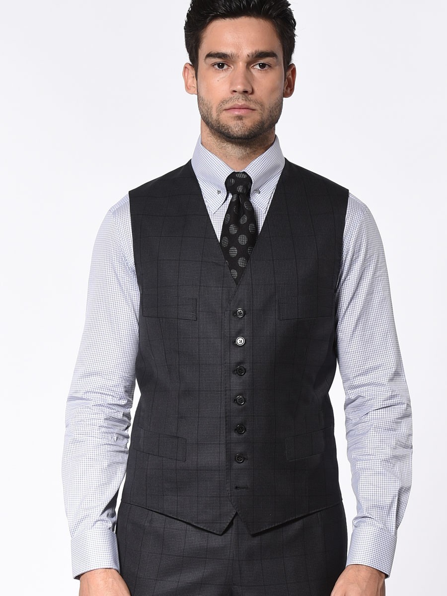 (product) Charcoal Houndstooth Windowpane Bespoke Signature 7-Button Vest