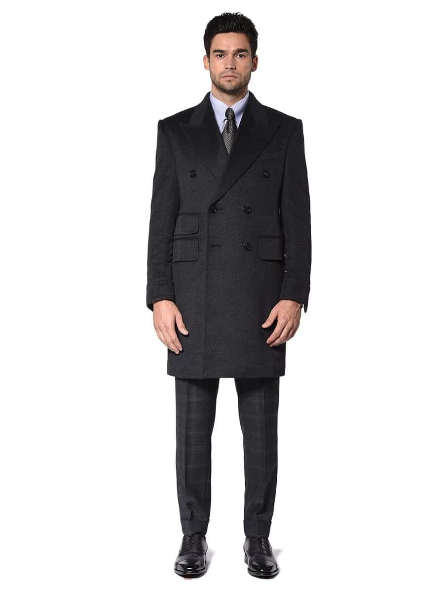 (product) Charcoal DB Wool Cashmere Overcoat,, full front view