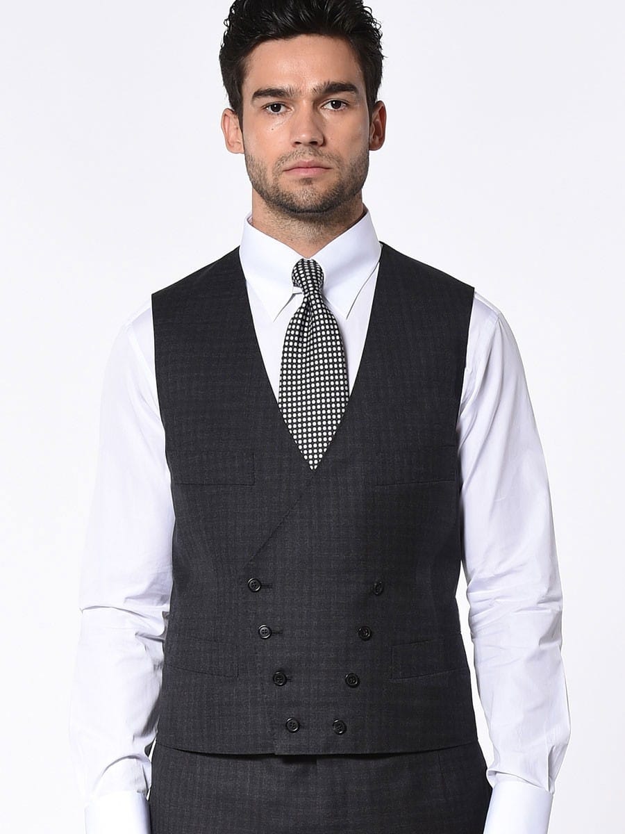 (product) Charcoal Gun Check Signature 8-Button Vest