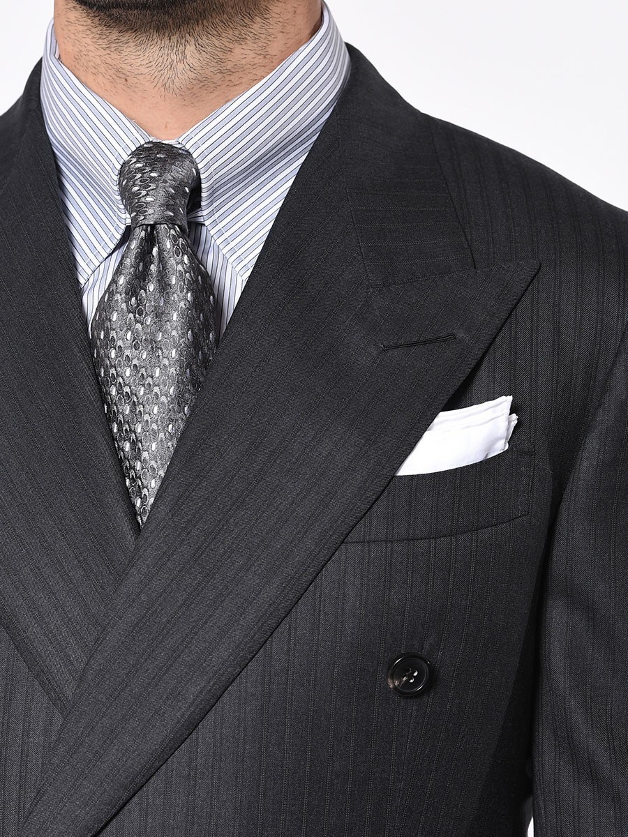 (product) Charcoal Stripe 6x2 DB Bespoke Suit, lapel detail