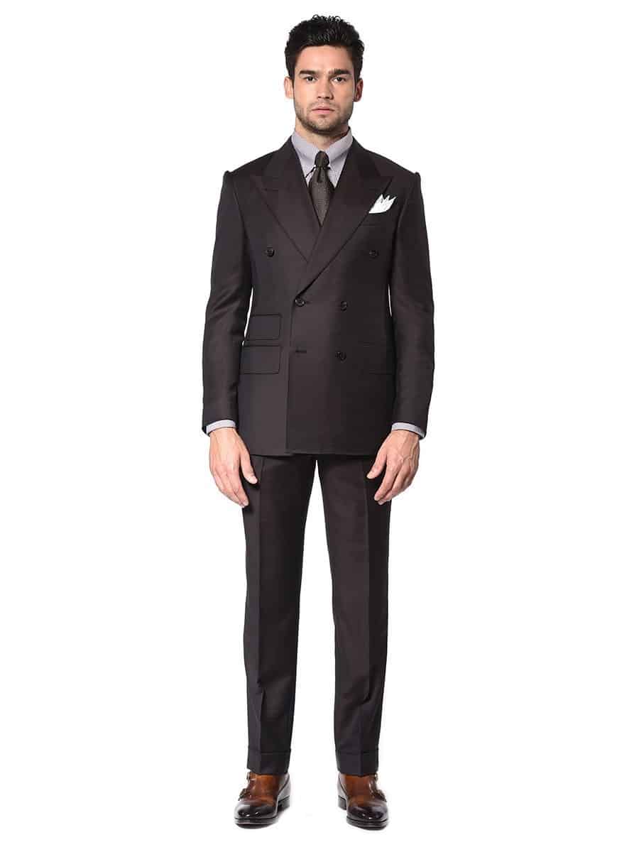 (product) Chocolate 6x2 DB Bespoke Suit, full front view