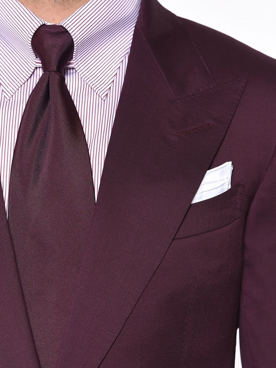 (product) Aubergine Solid Bespoke Suit, Lapel detail