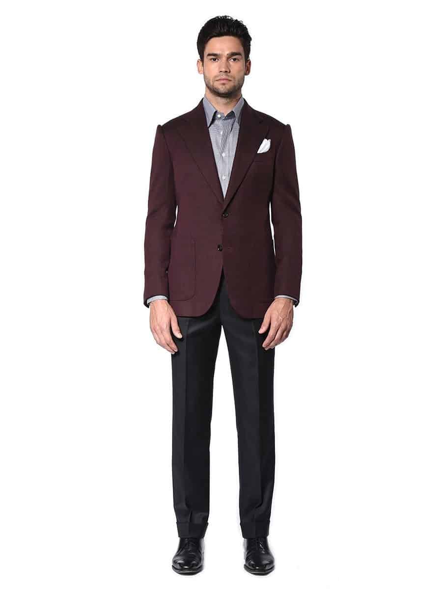 (product) Bordeaux Large Twill Signature 2-Button Bespoke Sport Coat, front view on model