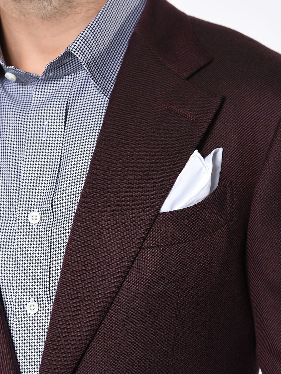 (product) Bordeaux Large Twill Signature 2-Button Bespoke Sport Coat, close-up with patterned shirt and pocket square