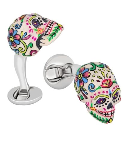 (product) Sweet Yorick Cufflinks, detailed view of colorful skull design