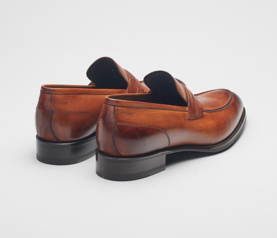 (product) Firenze Burnished Marmo Brown Loafer, Angled pair view