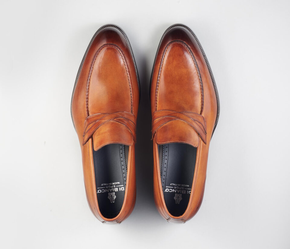(product) Firenze Burnished Marmo Brown Loafer, Top view of the pair