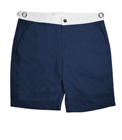 (product) Navy Blue Swim Shorts with White Waistband