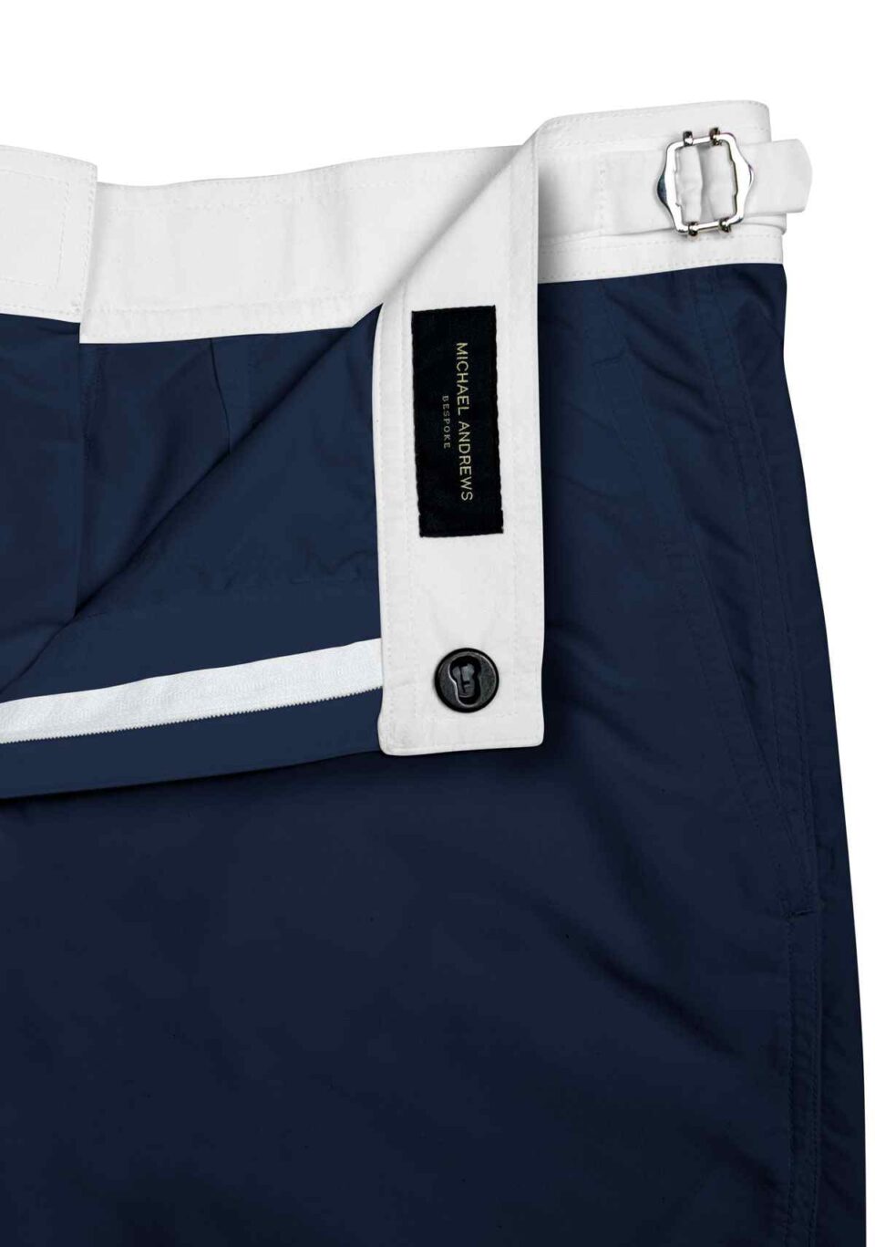(product) Navy Blue Swim Shorts with White Waistband, detailed view