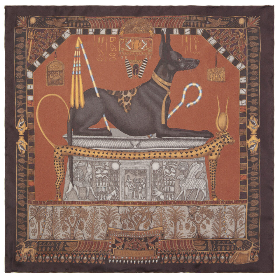 (product) Ode to Anubis Rust/Kohl Pocket Square, full view