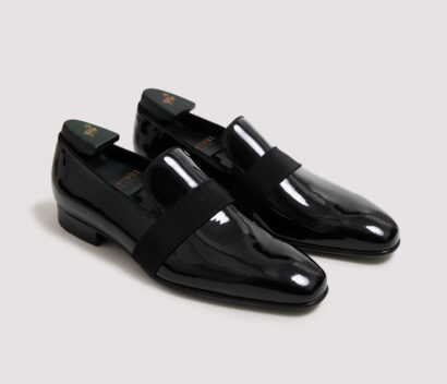 (product) Galba Black Patent Formal Loafer, Front view of the pair