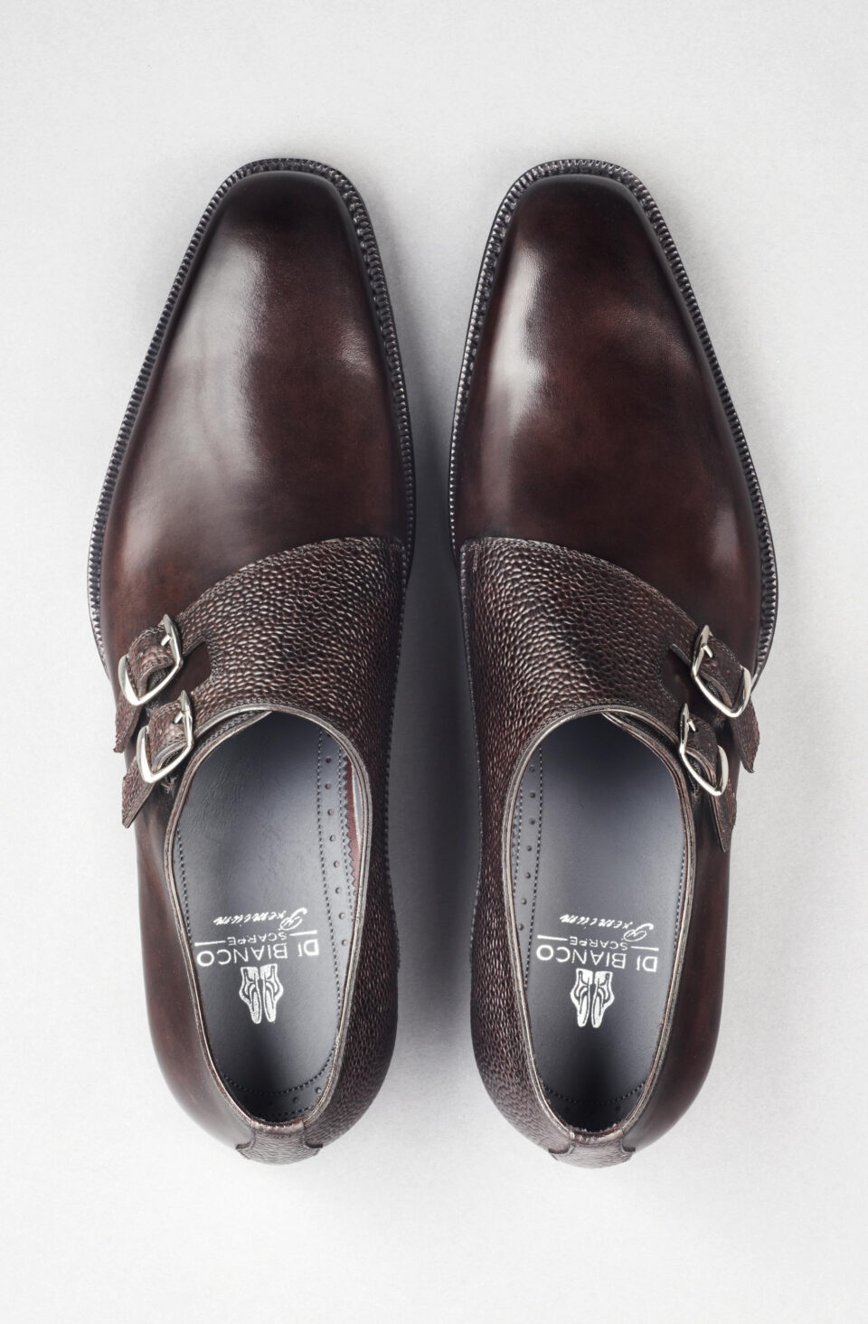 (product) Novara Nero Fondente Monk Strap, Top view of the pair