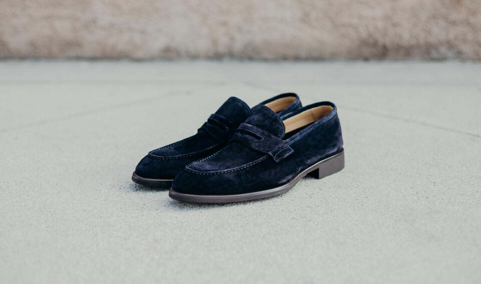(product) Brera Navy Suede Loafer, Side view of the pair