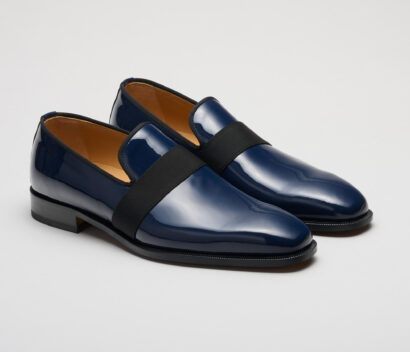 (product) Catania Navy Patent Formal Loafer, Front view of the pair