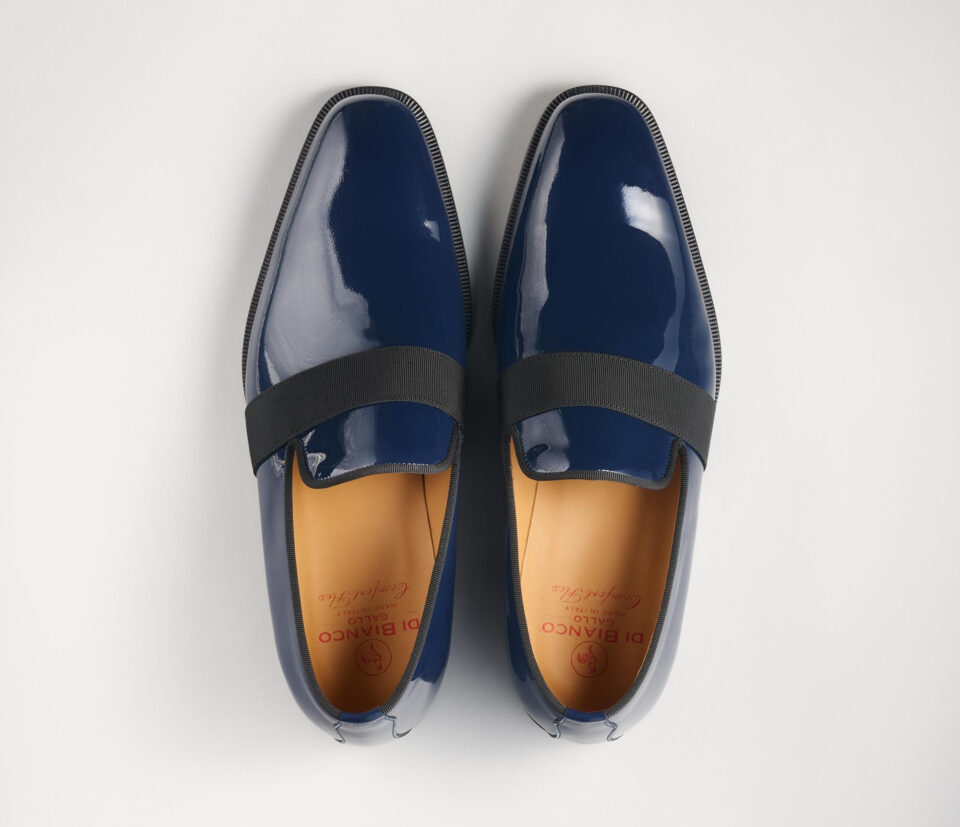 (product) Catania Navy Patent Formal Loafer, Top view of the pair