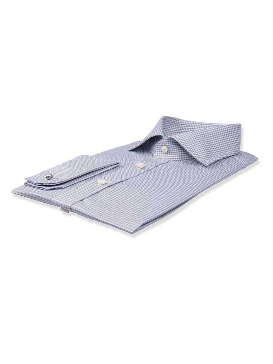 (product) Grey Textured Micro Gingham Spread Collar Shirt, folded and displayed flat
