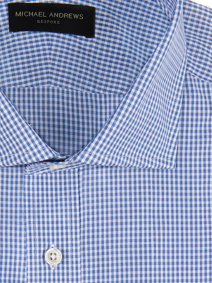(product) Blue Textured Micro Gingham Spread Collar Shirt, featuring a close-up of the collar detailing