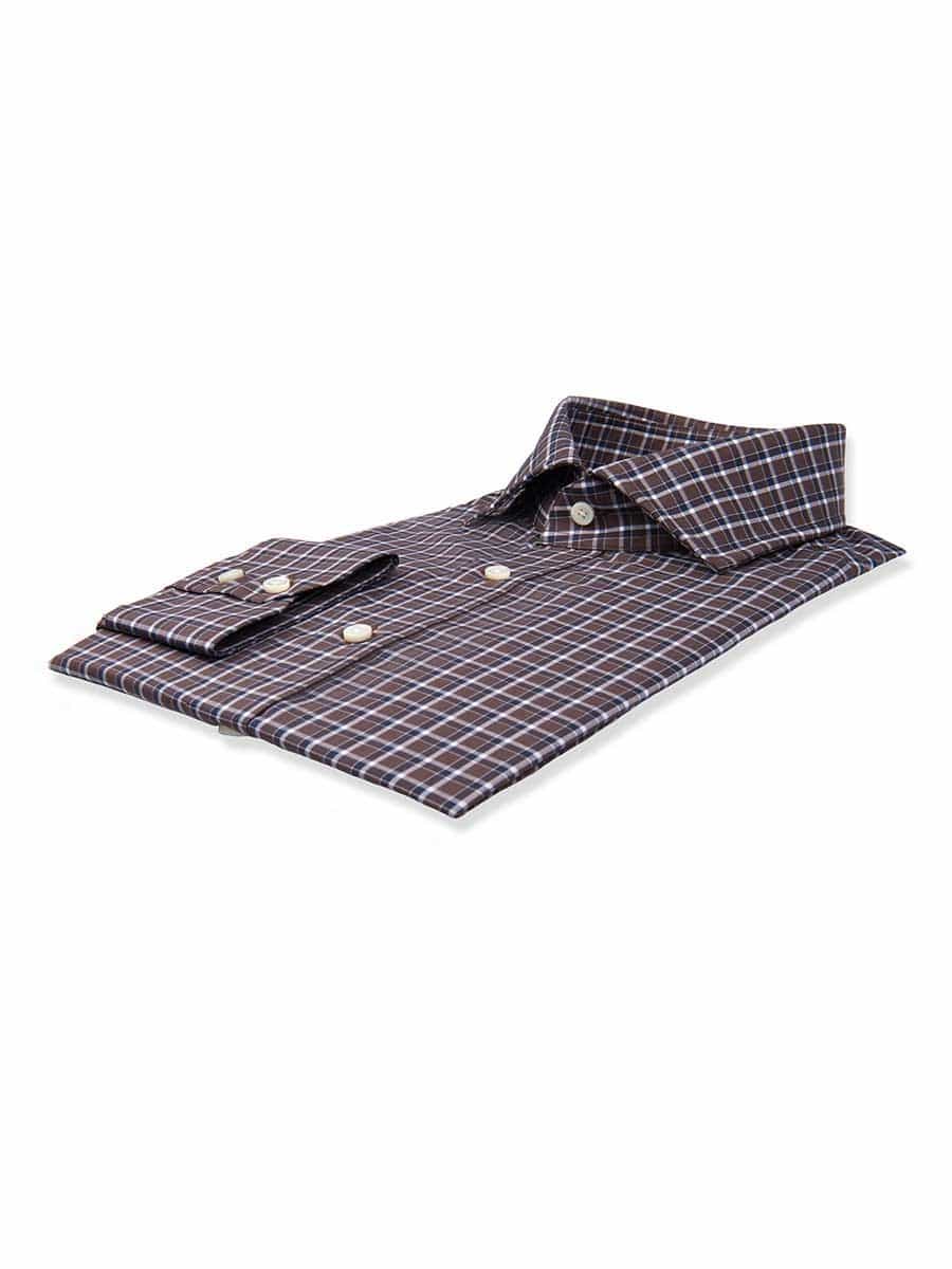 (product) Brown & Navy Overlay Check Spread Collar Shirt, folded and displayed flat