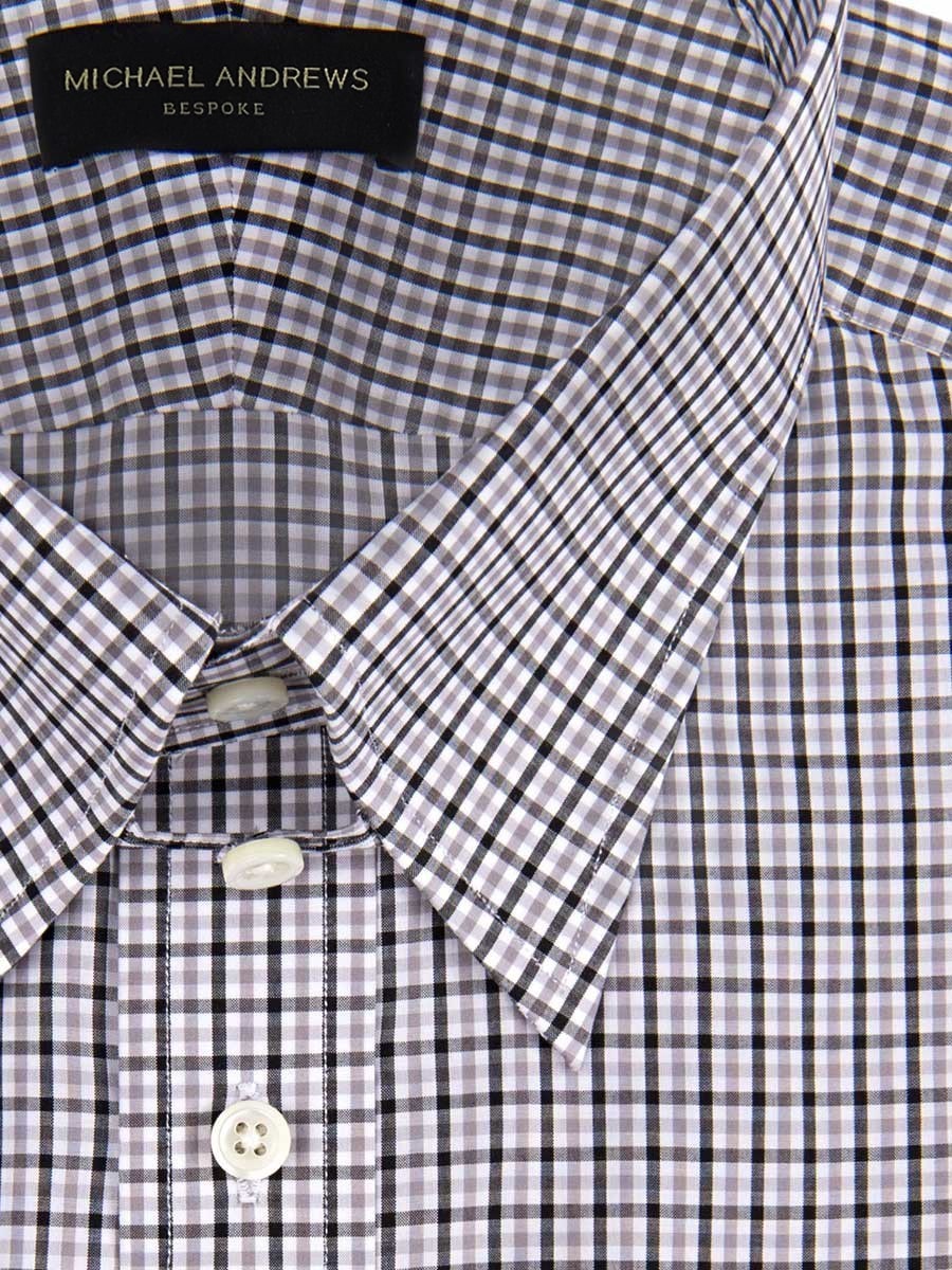 (product) Charcoal & Tattersall Tab Collar Shirt, close-up view of the collar