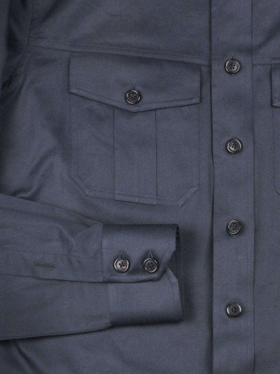 (product) Navy Cotton Field Shirt, detailed view of front pockets and buttons