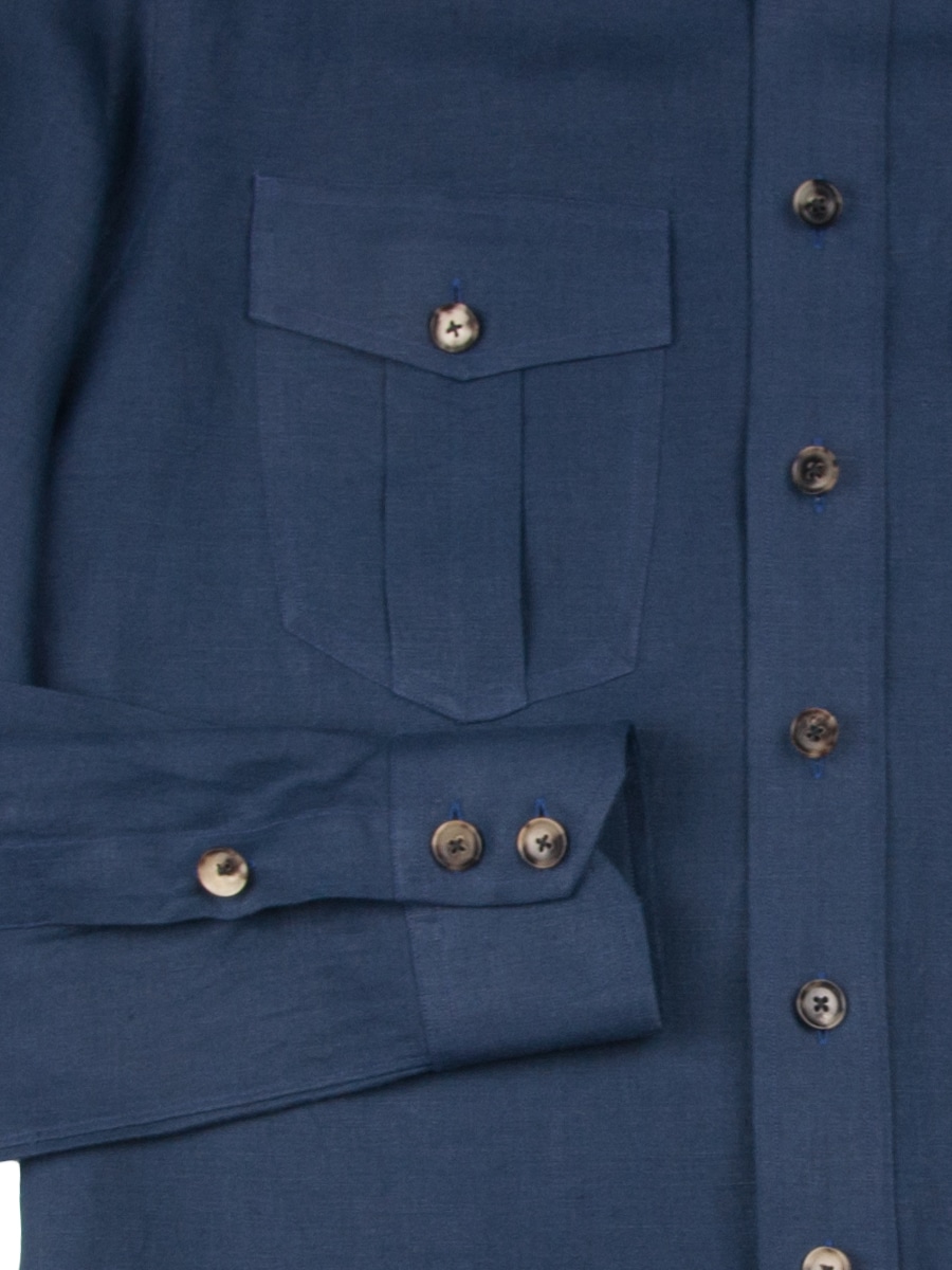 (product) Navy Linen Field Shirt, detailed view of front pockets and buttons