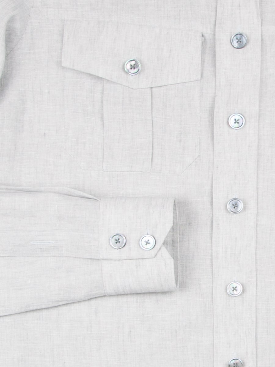 (product) Dove Grey Linen Field Shirt, detailed view of front pockets and buttons