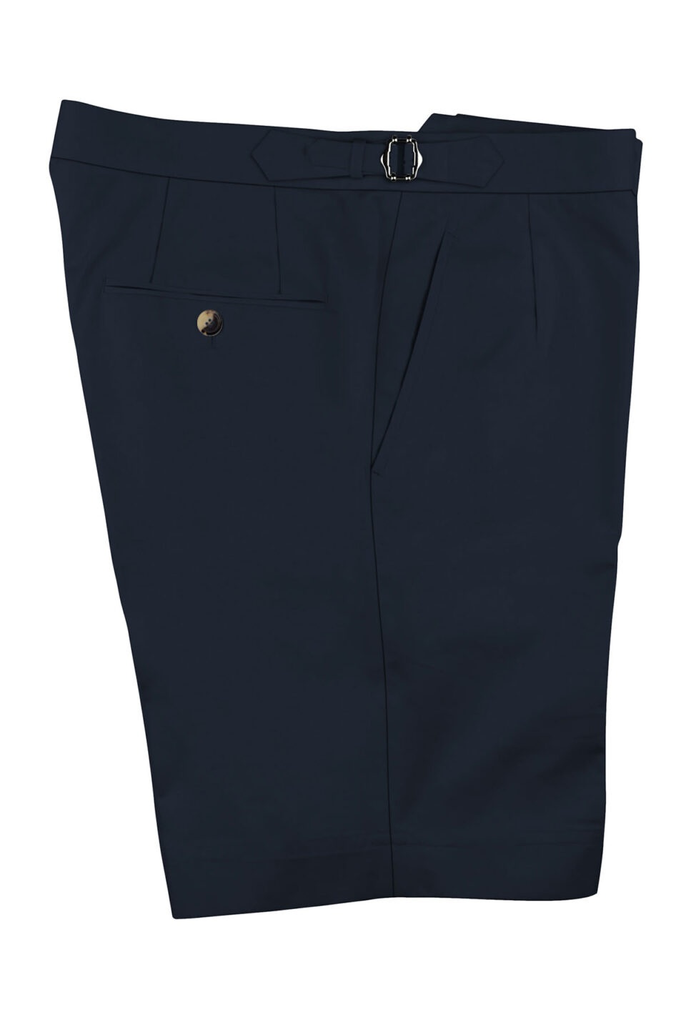(product) Navy Cotton Shorts, folded with a side-view display