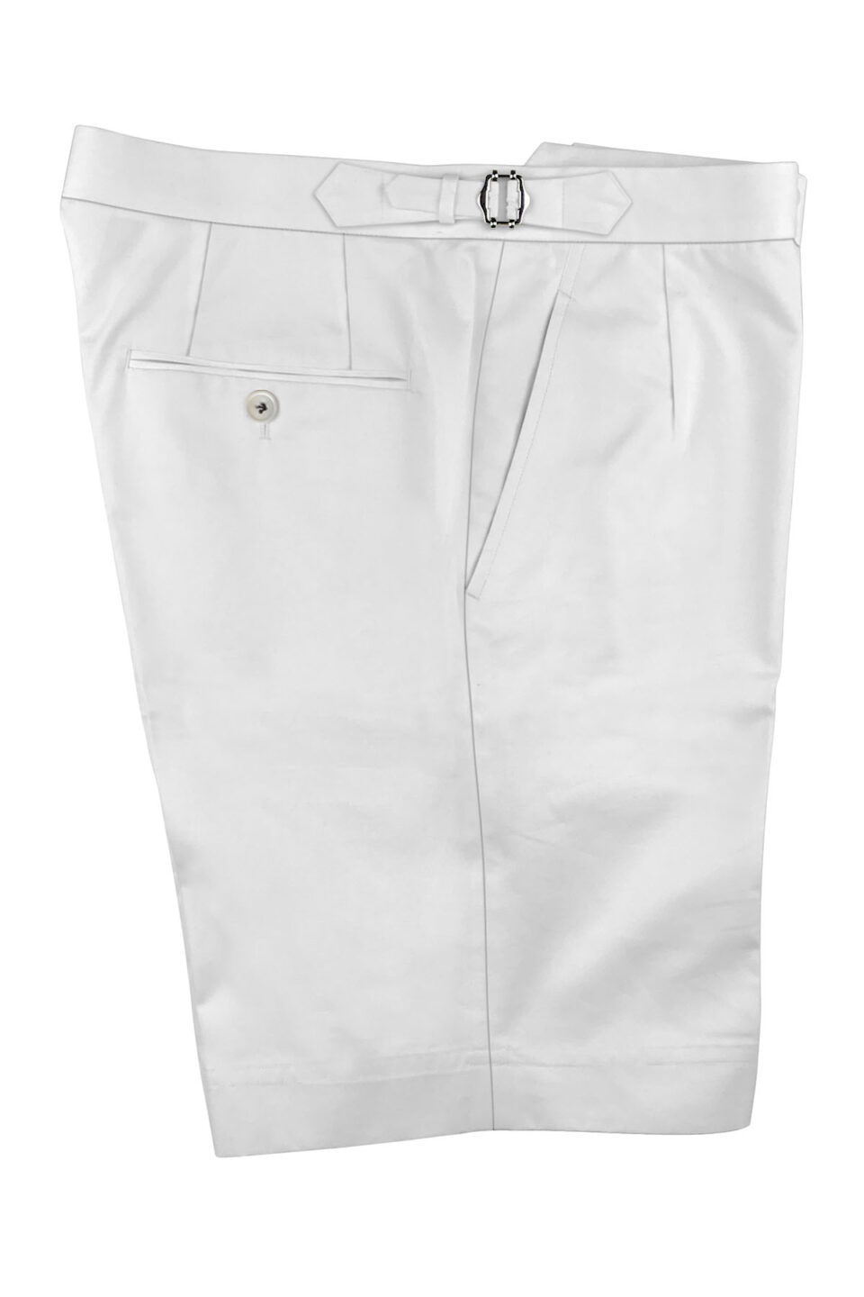 (product) White Cotton Shorts, folded with a side-view display