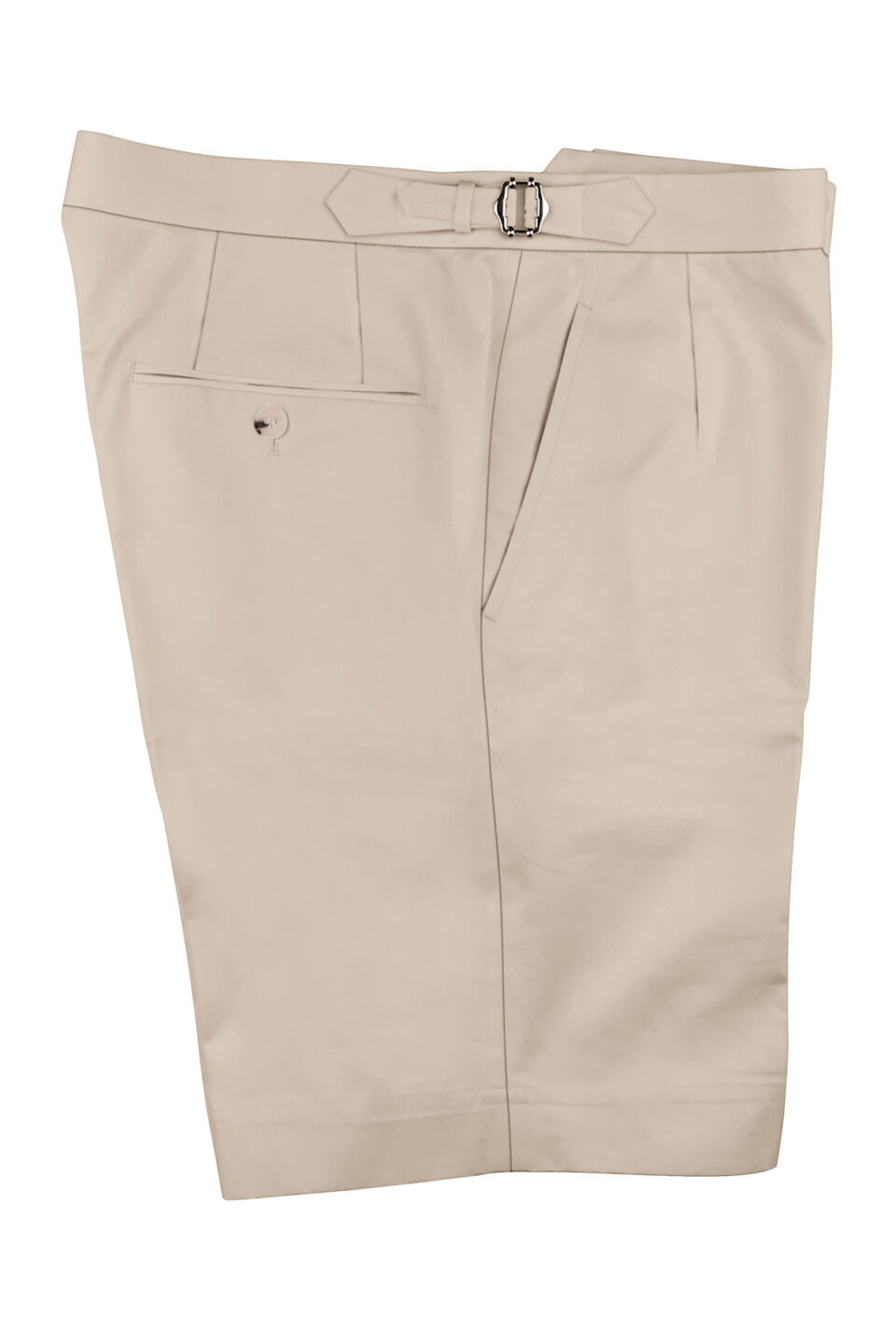 (product) Beige Cotton Shorts, folded with a side-view display