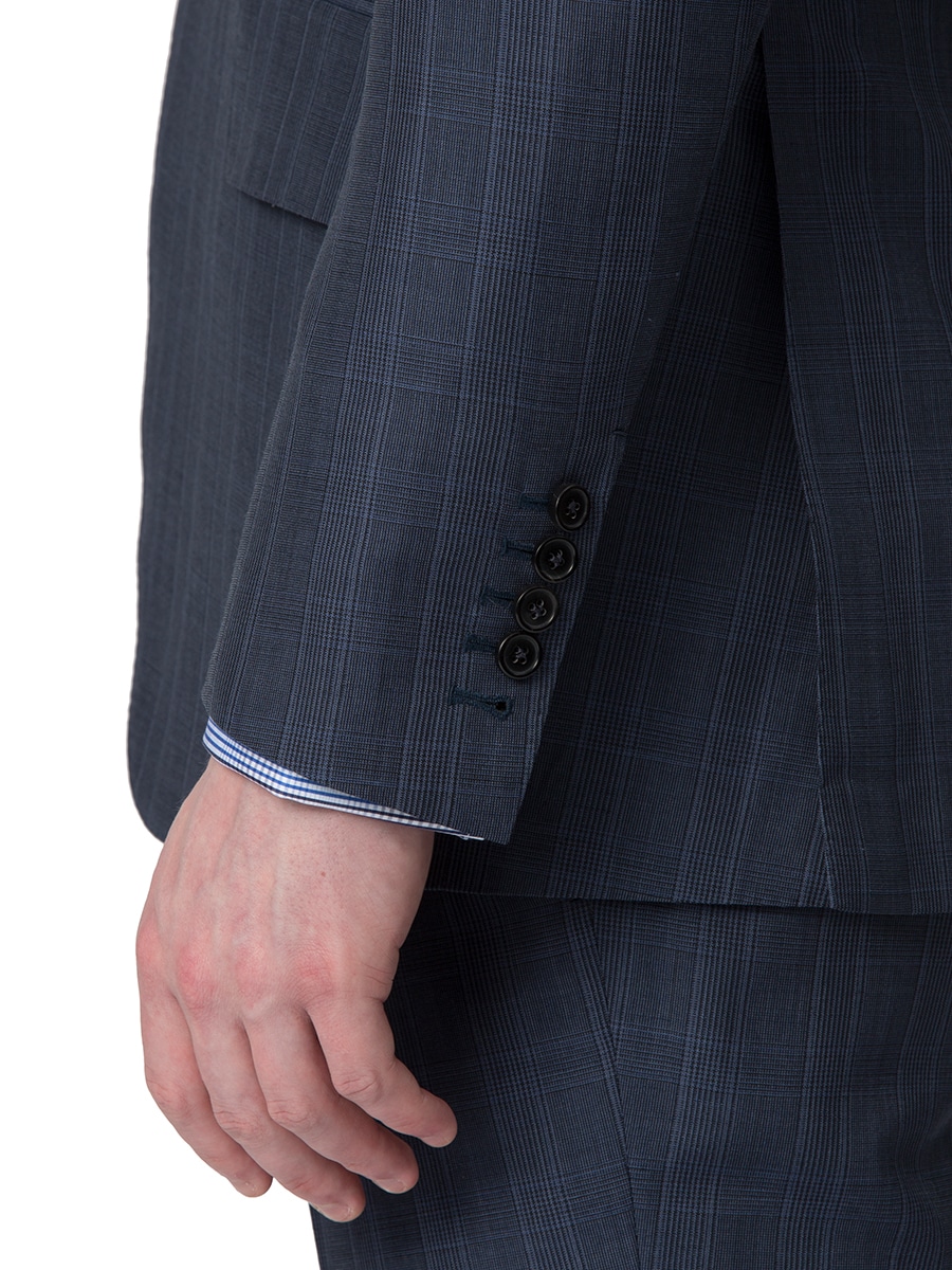 (product) Blue Melange Glen Check Bespoke Suit, cuff detail