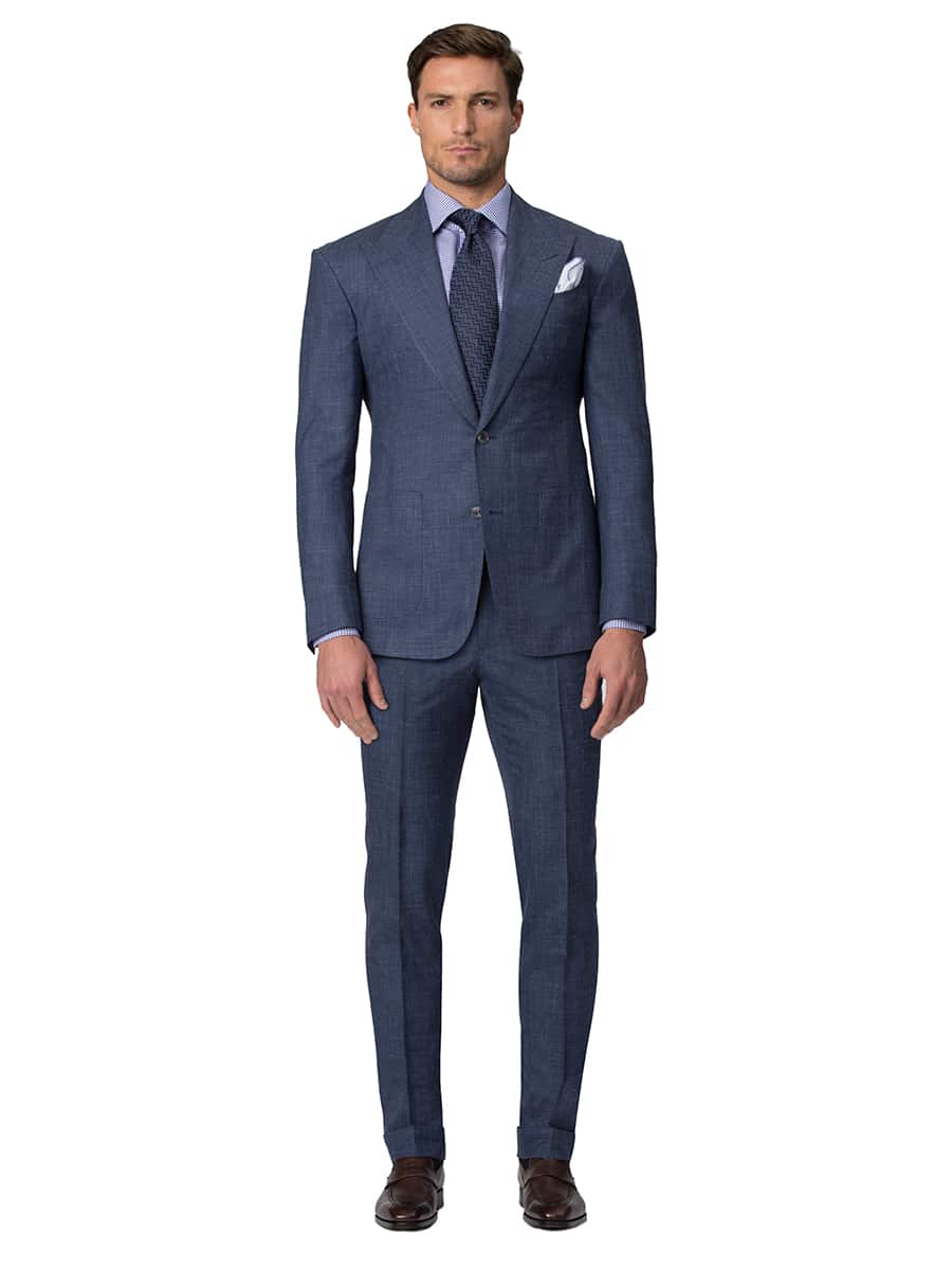 (product) Denim Chambray Bespoke Trouser, paired with Suit Jacket, front view