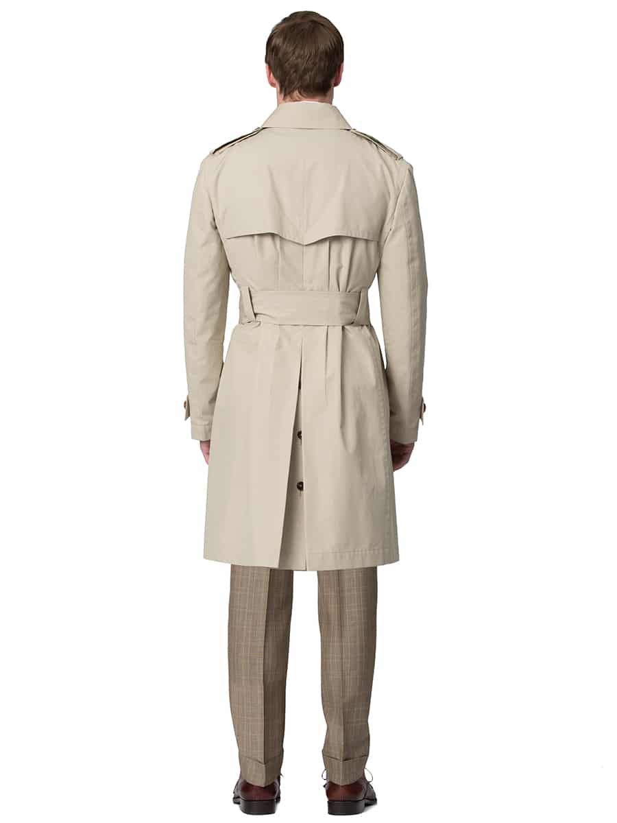 (product) Stone Cotton Trench Coat, rear view showing belt and vent