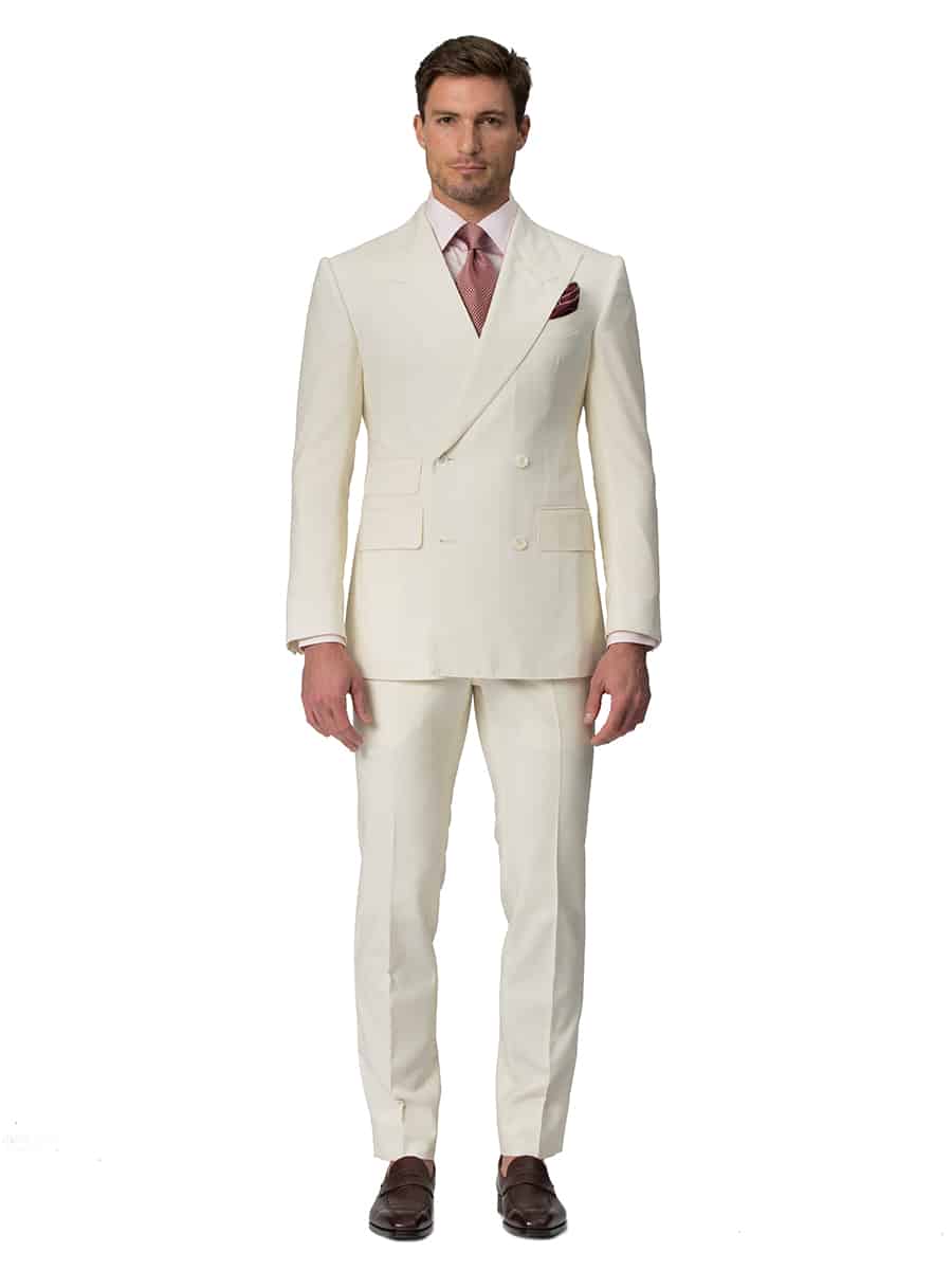 (product) Cream Plain Weave Bespoke Suit, full front view