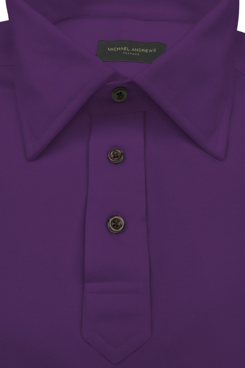 (product) Purple Pique Polo Shirt, close-up of collar and buttons