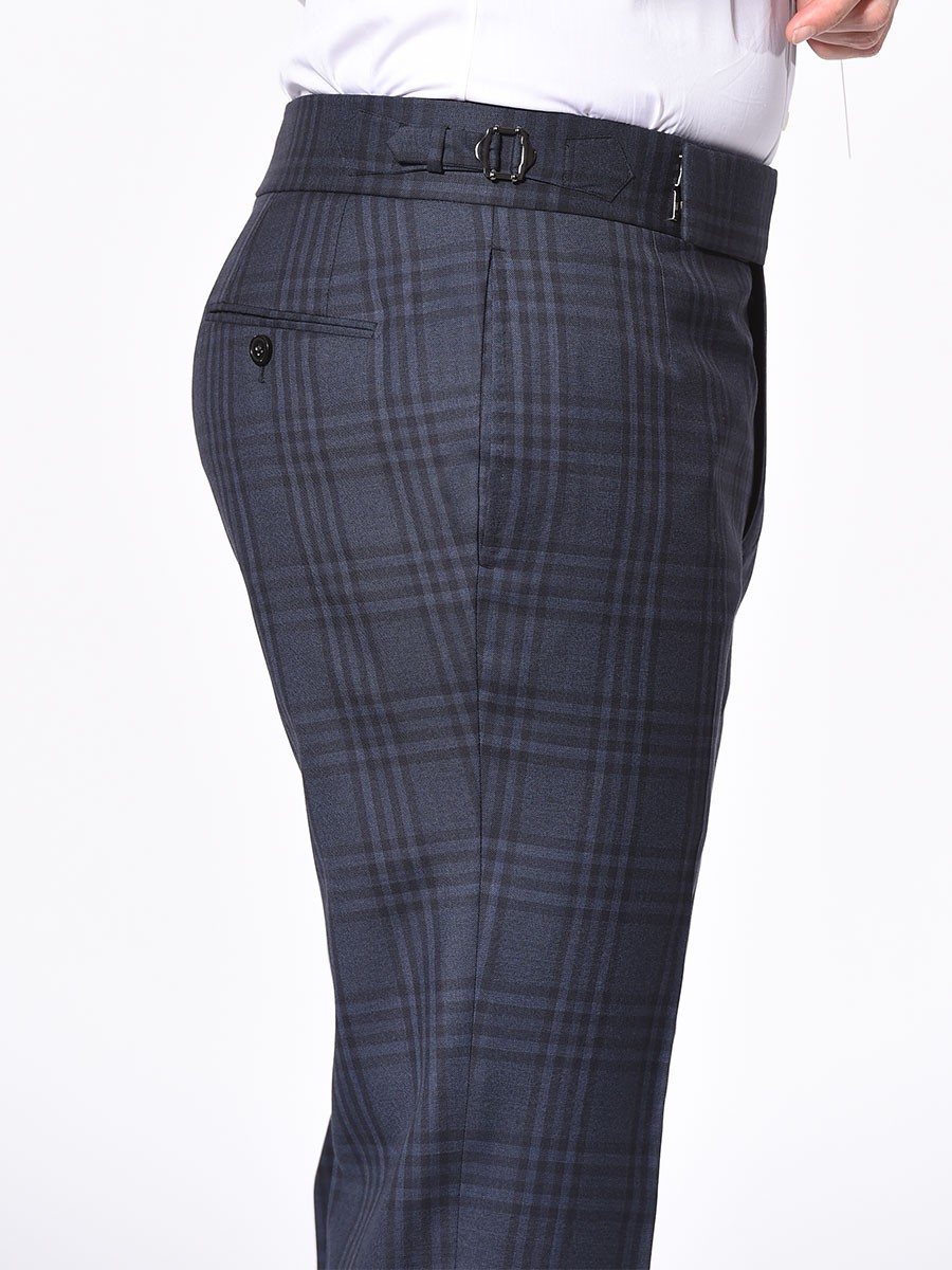(product) Navy Macro Plaid Dress Pants, side view