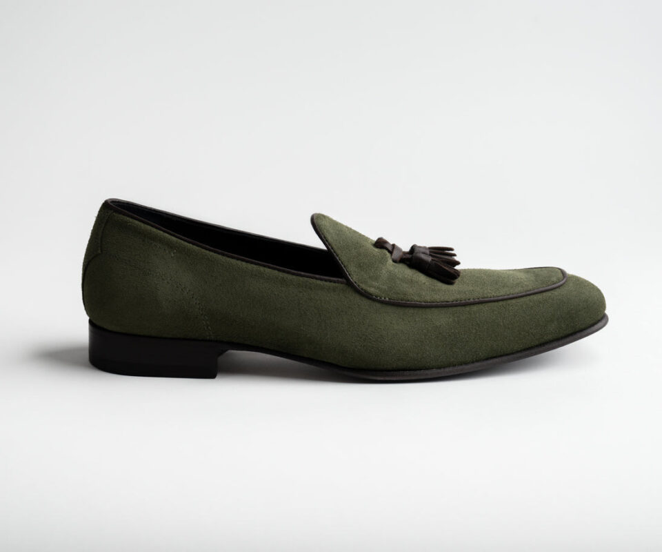 (product) Vomero Olive Suede Loafer, Single shoe side view