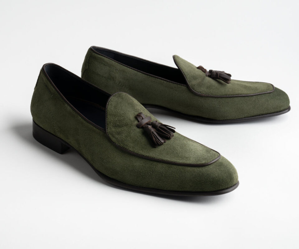 (product) Vomero Olive Suede Loafer, Angled pair view
