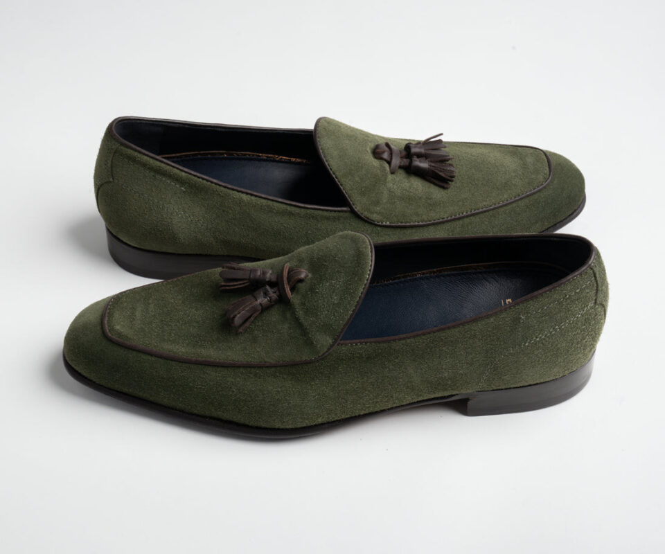 (product) Vomero Olive Suede Loafer, Side view of the pair