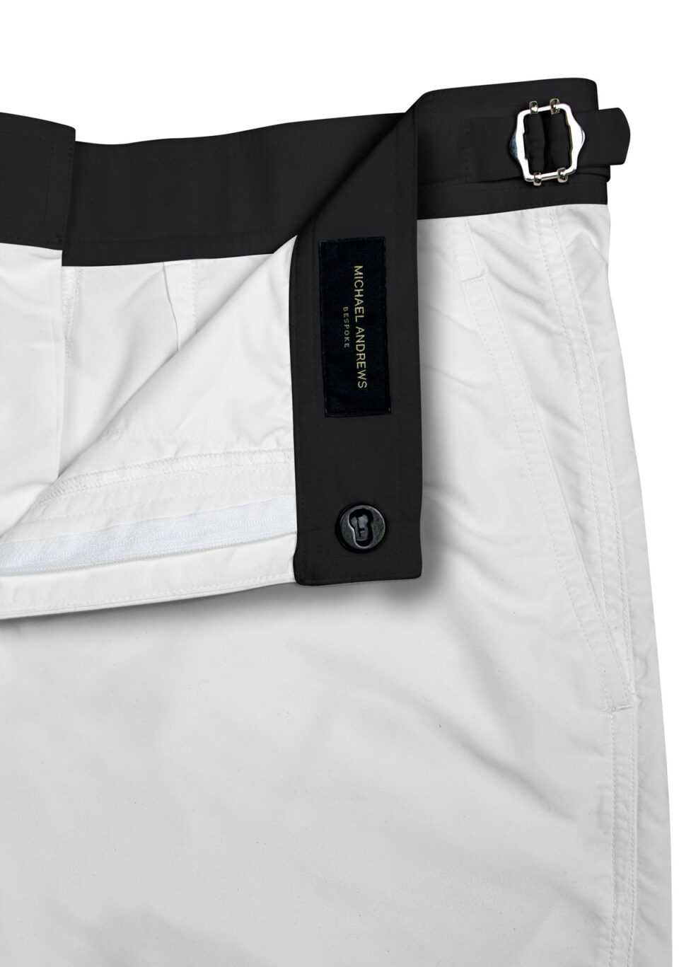 (product) White Swim Shorts with Black Waistband, detailed view