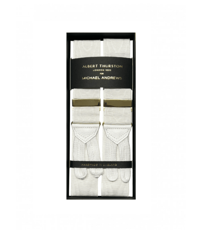 Albert Thurston White Moire Suspenders with Gold Hardware