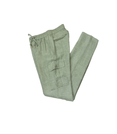 (product) Green Linen Elastic Waist Cargo Pants